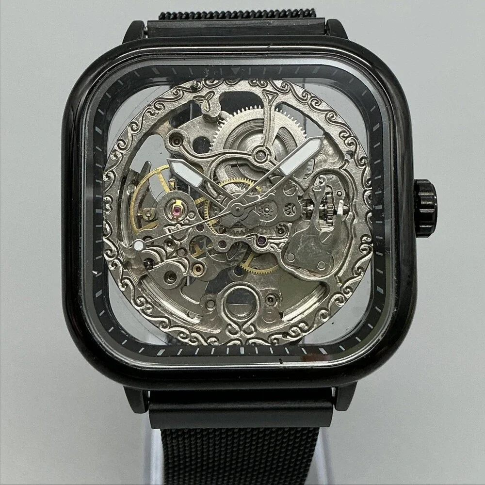 Mens Watch 41mm Square Skeleton Dial Black Mesh Automatic Stainless Steel